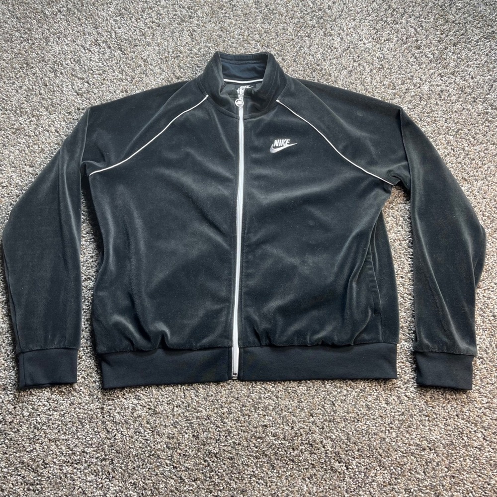 Nike Women's Large Velour Track‎ Jacket Black White Piping Full Zip Sportswear